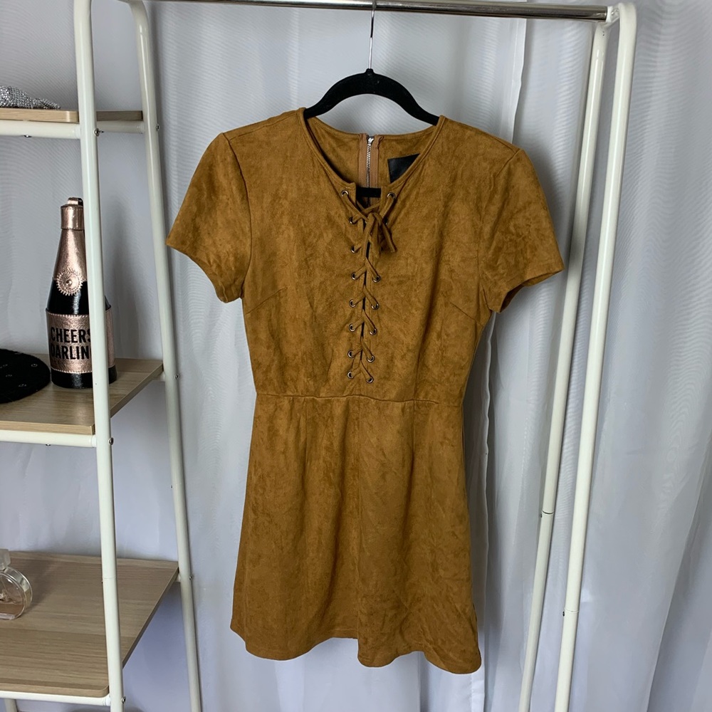 REVOLVE camel suede lace up dress